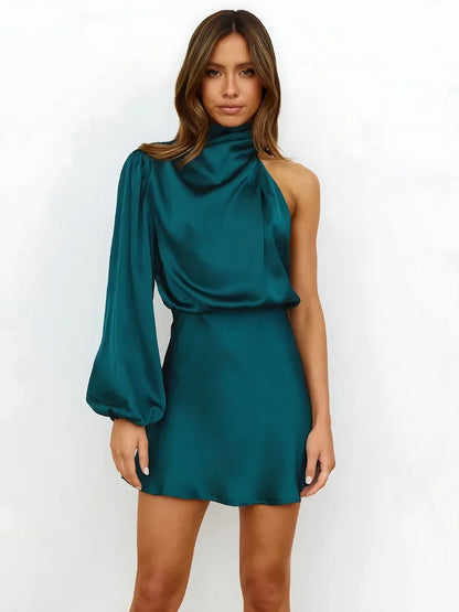 Satin One Shoulder Mini Dress – Draped High Neck Party Dress